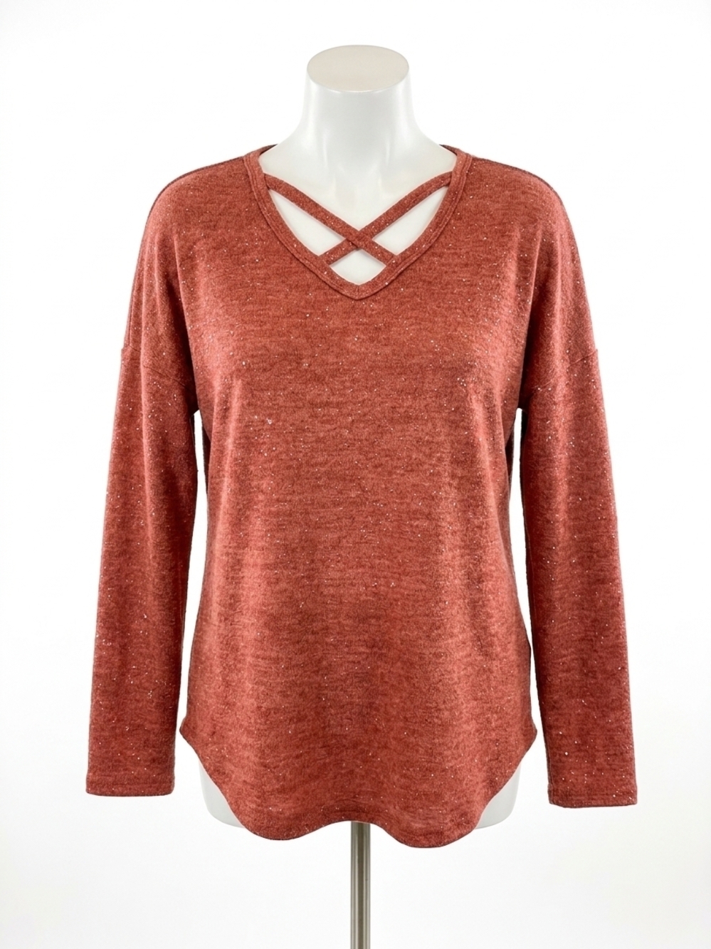 NEW HONEYME criss cross front sparkly sweater in rust